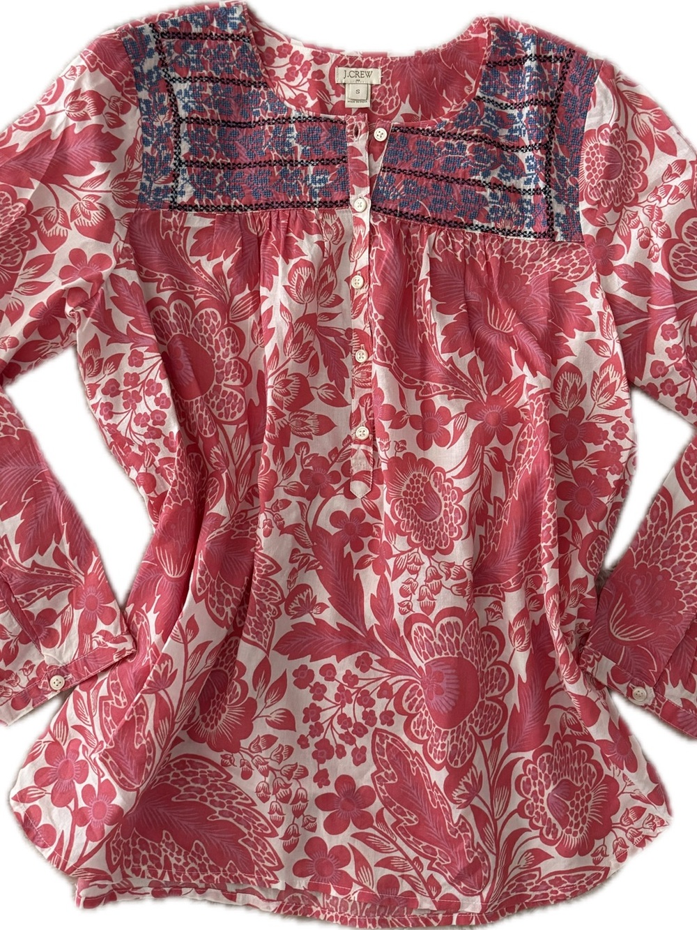 J. Crew Pink Floral Smocked-Yoke Tunic